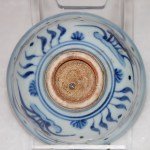 Kleine Ming Dy Schale Blau-Weiss mit Fisch und Wasserpflanzen im Zentrum sowie an der Aussenwandung. Boden unglasiert.