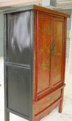Antiker Hochzeitsschrank, lackiert rot & gold, Shanxi, Chinesische Ulme, Seitenansicht