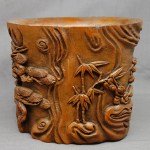 Antiker Brush Pot in Bambus " Three Winter Friends "